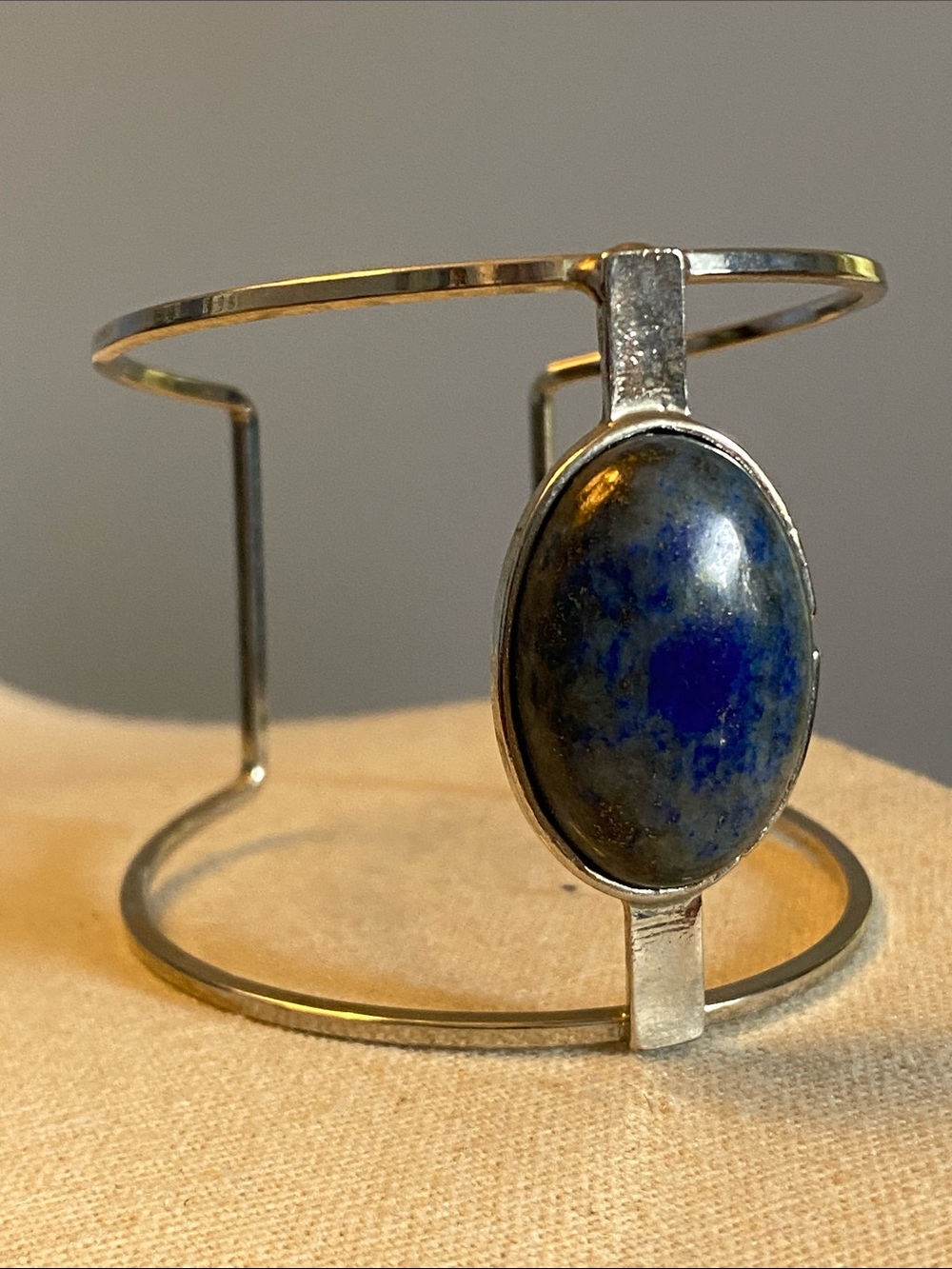 Natural Lapis Lazuli Statement Cuff Bracelet Silver Tone